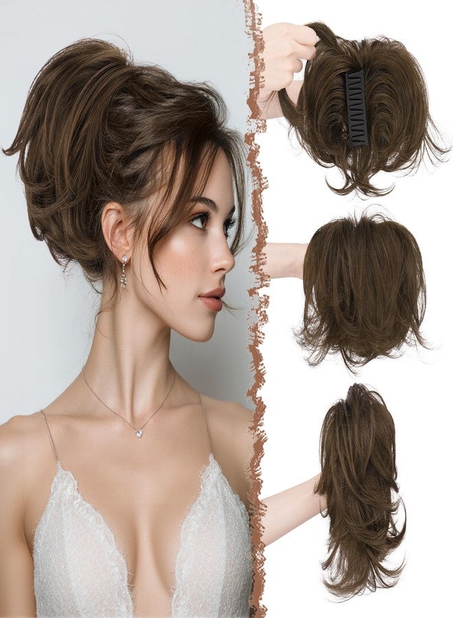 FESHFEN Claw Clip Short Ponytail Extensions - DIY Bendable Metals Fluffy Messy Bun Hair Piece Straight Synthetic Hairpieces Ponytail Extension for Women, Chestnut Brown - Image 1